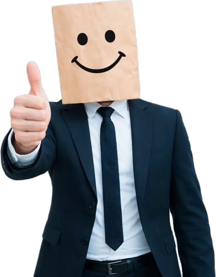 Personagem com saco na cabeça feliz fazendo joinha com a mão.